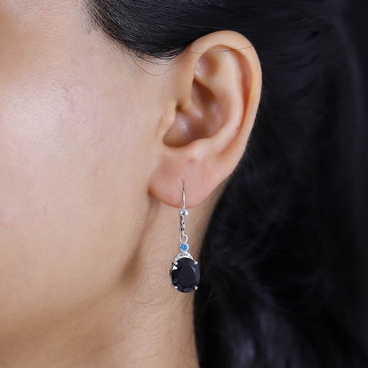 Thai Black Spinel and Malgache Neon Apatite 9.15 ctw Lever Back Earrings in Rhodium Over Sterling Silver image number 2