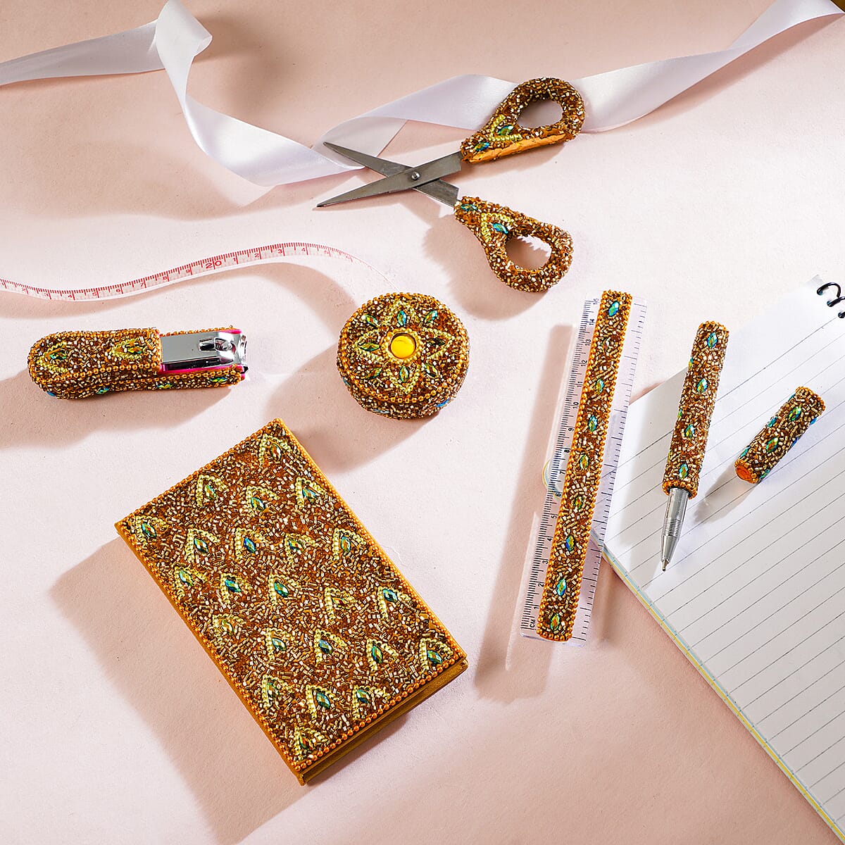 Set of 6 - Beaded Decorative Diary, Nailcutter, Scale, Measurement Tape, Scissor and Pen - Golden image number 1