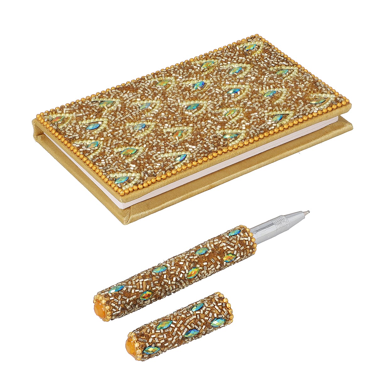 Set of 6 - Beaded Decorative Diary, Nailcutter, Scale, Measurement Tape, Scissor and Pen - Golden image number 2