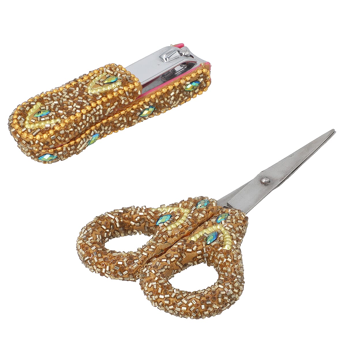 Set of 6 - Beaded Decorative Diary, Nailcutter, Scale, Measurement Tape, Scissor and Pen - Golden image number 3