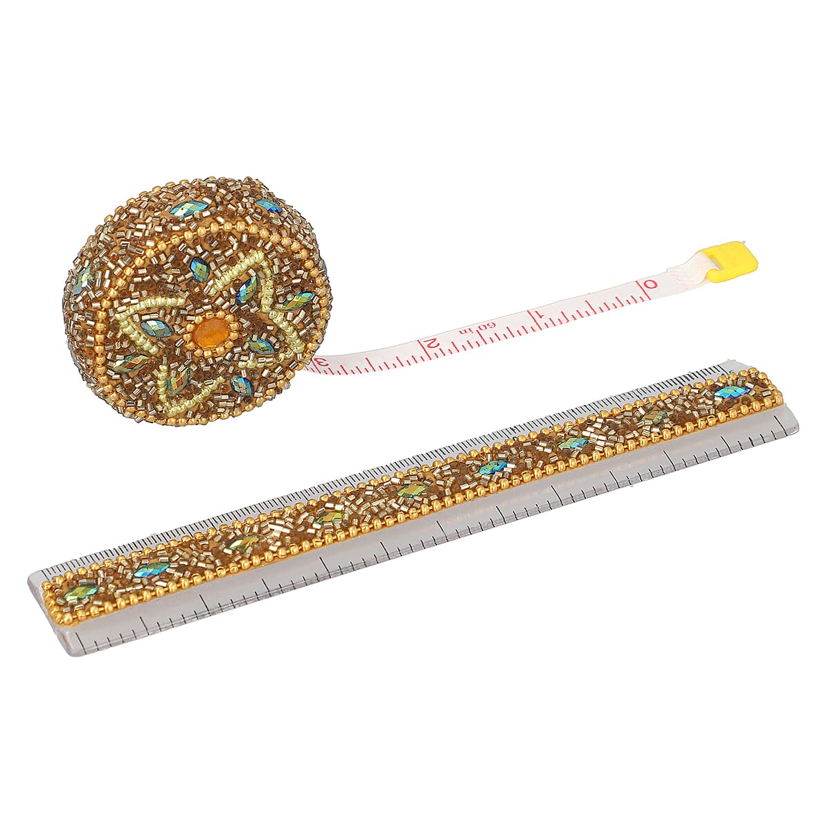 Set of 6 - Beaded Decorative Diary, Nailcutter, Scale, Measurement Tape, Scissor and Pen - Golden image number 4