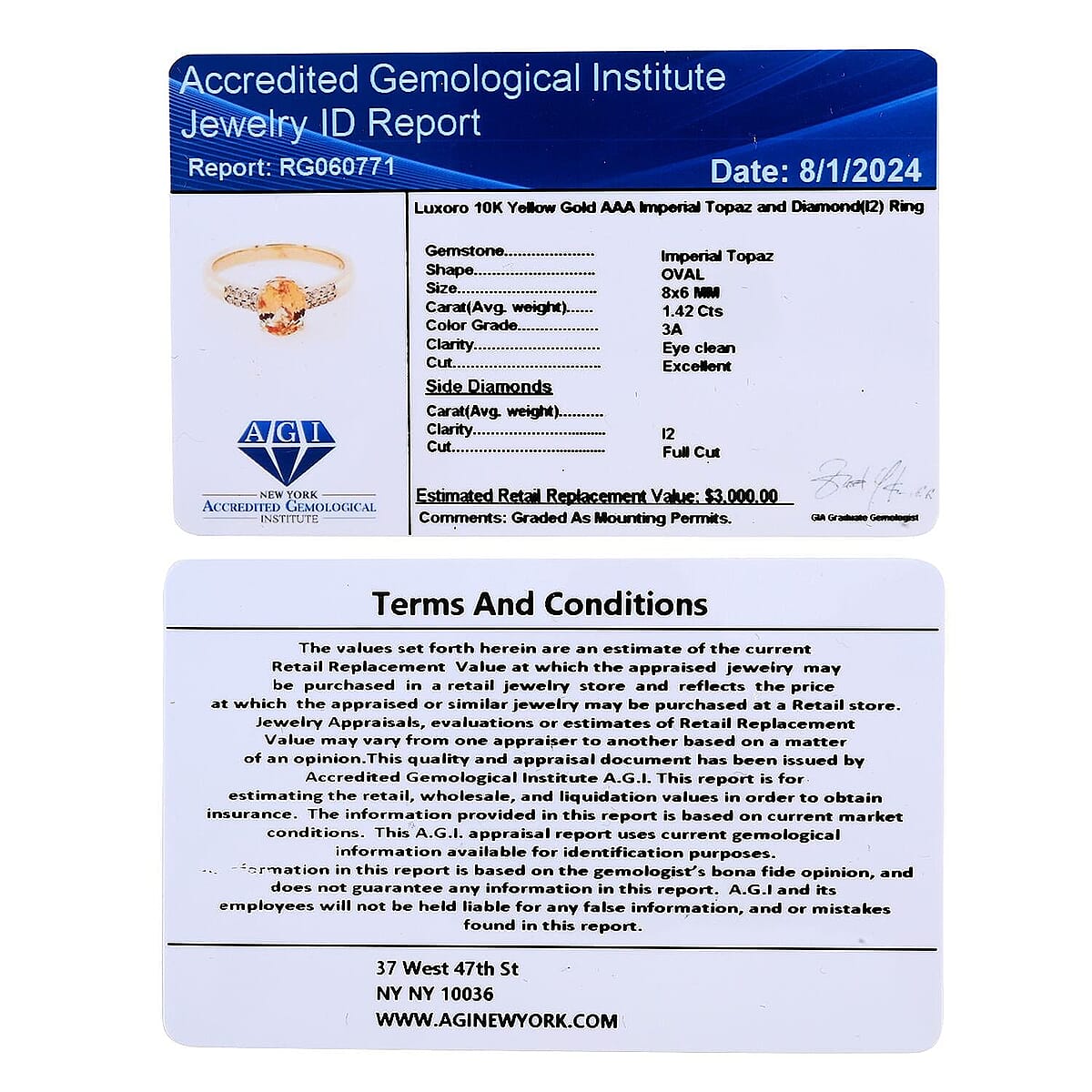 Certified & Appraised 10K Yellow Gold AAA Imperial Topaz, Diamond (G-H, I2) Ring (Size 6.5) 1.55 ctw image number 5