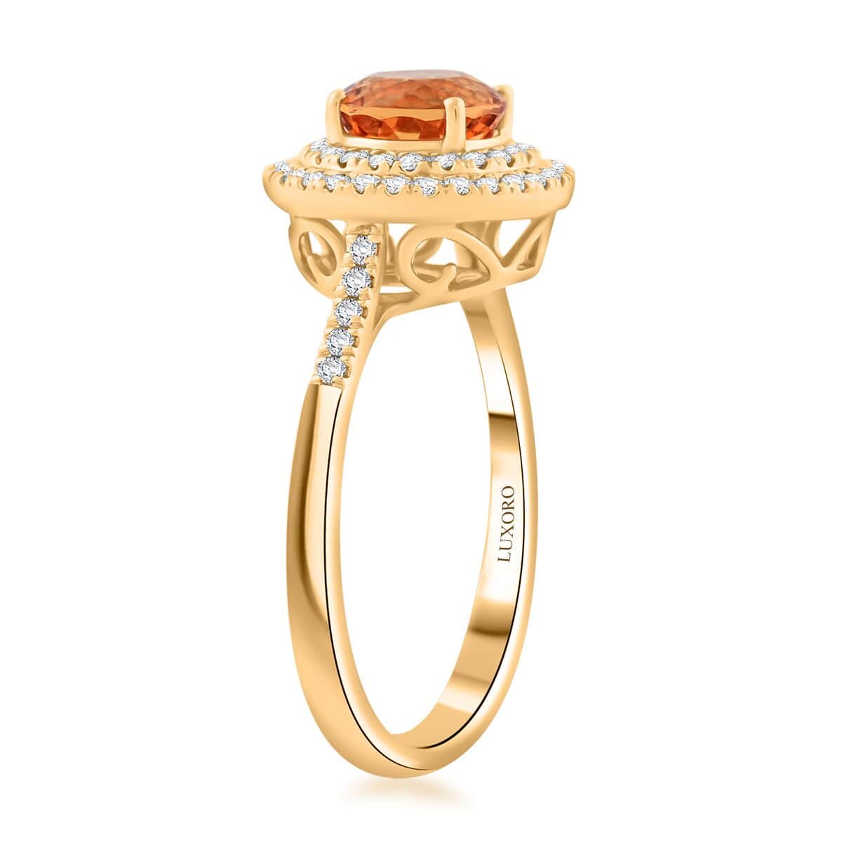 Certified & Appraised Luxoro 10K Yellow Gold AAA Imperial Topaz and G-H I2 Diamond Ring (Size 7.0) 2.00 ctw image number 2