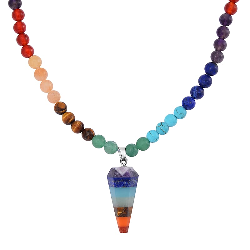 Multi Gemstone 135.00 ctw Beaded Seven Chakra Pendulum Necklace 18-20 Inches in Silvertone