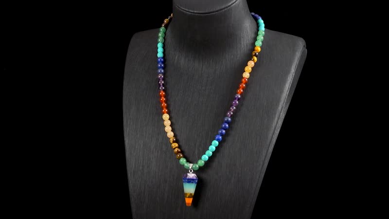 Multi Gemstone 135.00 ctw Beaded Seven Chakra Pendulum Necklace 18-20 Inches in Silvertone