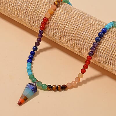 Multi Gemstone 135.00 ctw Beaded Seven Chakra Pendulum Necklace 18-20 Inches in Silvertone
