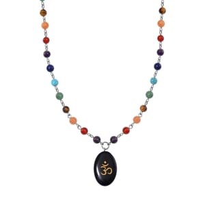 Black Obsidian and Multi Gemstone 100.00 ctw Seven Chakra Beaded OM Necklace in Silvertone 20 Inches