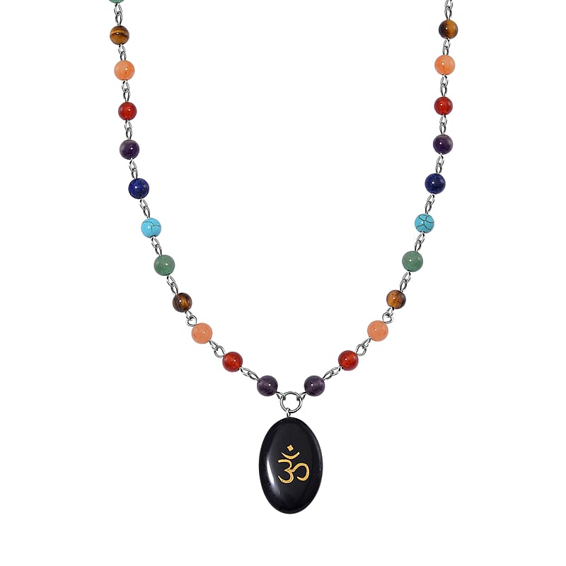 Black Obsidian and Multi Gemstone 100.00 ctw Seven Chakra Beaded OM Necklace in Silvertone 20 Inches