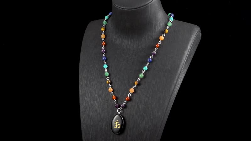 Black Obsidian and Multi Gemstone 100.00 ctw Seven Chakra Beaded OM Necklace in Silvertone 20 Inches