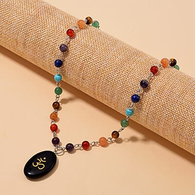 Black Obsidian and Multi Gemstone 100.00 ctw Seven Chakra Beaded OM Necklace in Silvertone 20 Inches