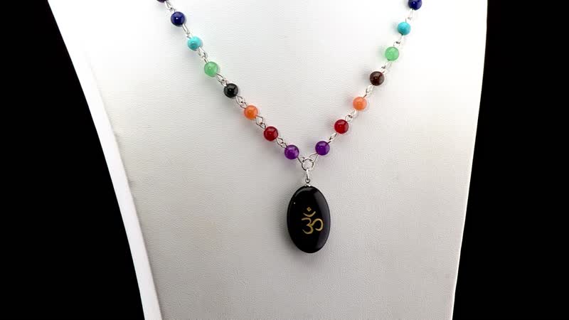 Black Obsidian and Multi Gemstone 100.00 ctw Seven Chakra Beaded OM Necklace in Silvertone 20 Inches