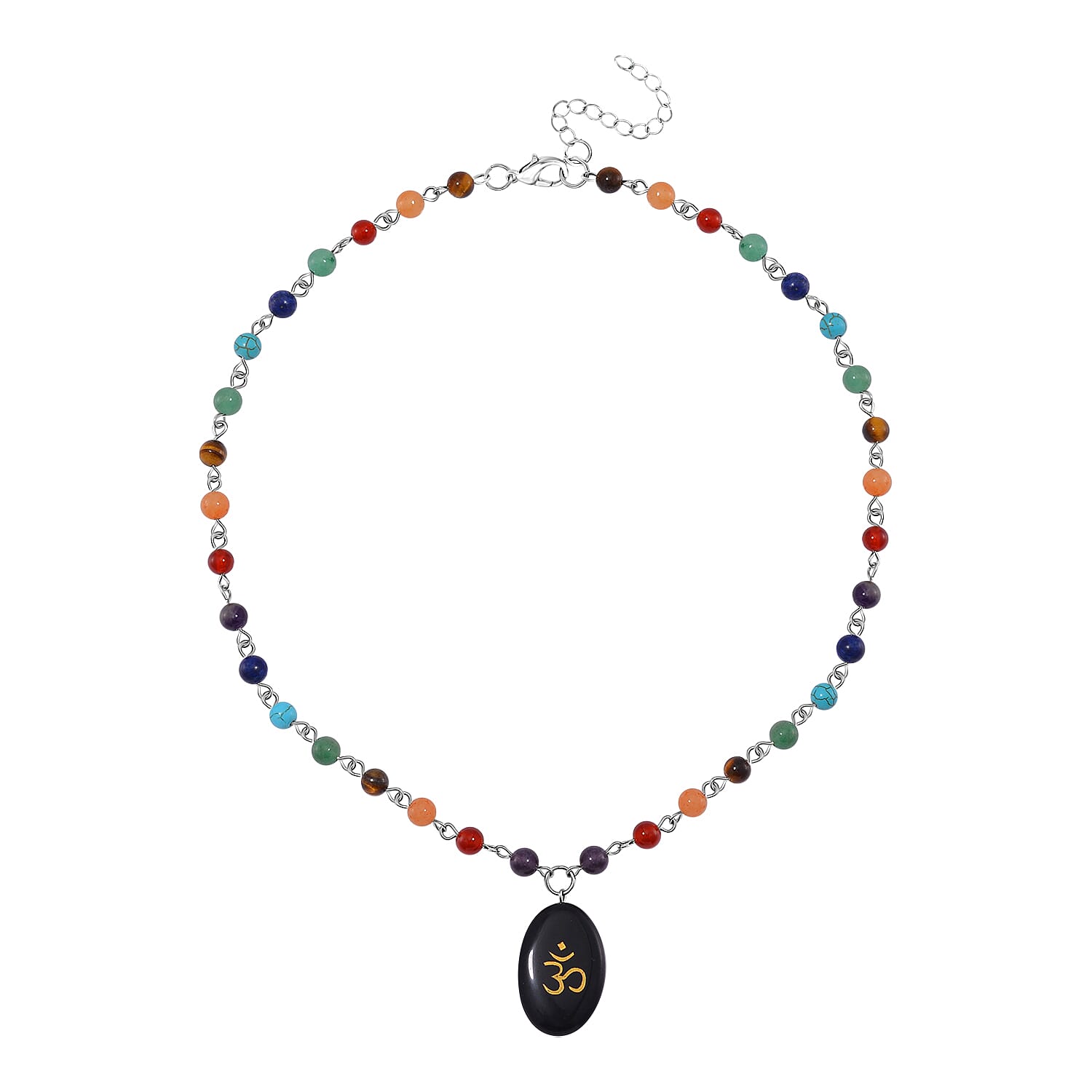 Black Obsidian and Multi Gemstone 100.00 ctw Seven Chakra Beaded OM Necklace in Silvertone 20 Inches
