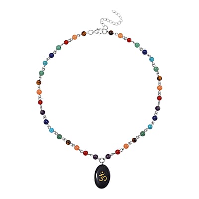 Black Obsidian and Multi Gemstone 100.00 ctw Seven Chakra Beaded OM Necklace in Silvertone 20 Inches