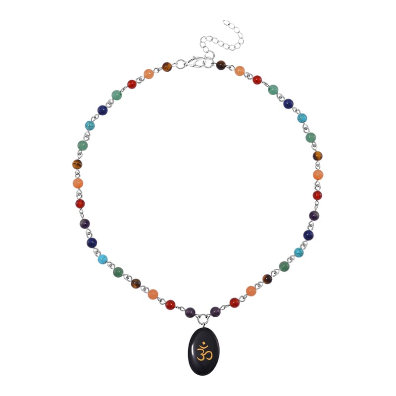 Black Obsidian and Multi Gemstone 100.00 ctw Seven Chakra Beaded OM Necklace in Silvertone 20 Inches