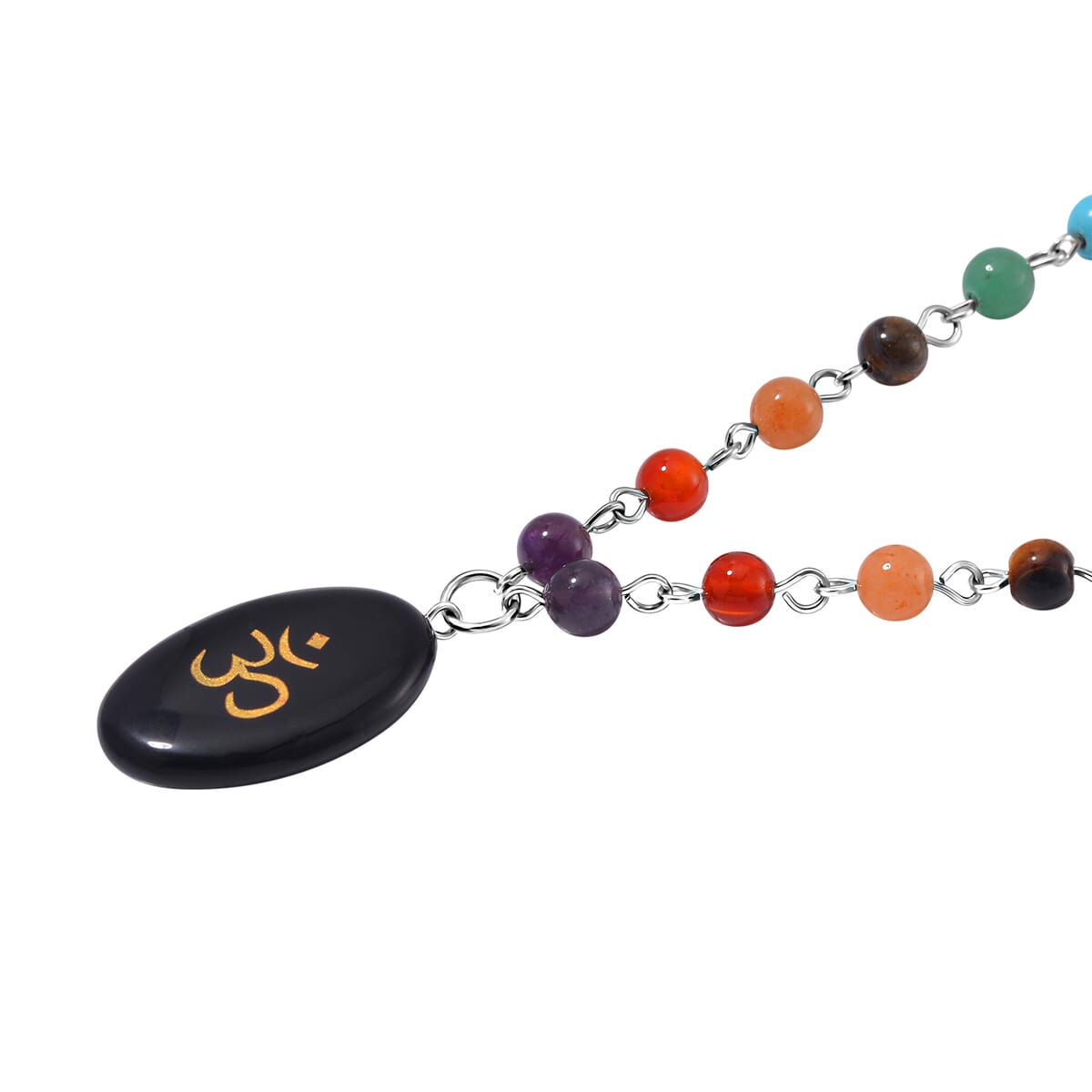 Black Obsidian and Multi Gemstone 100.00 ctw Seven Chakra Beaded OM Necklace in Silvertone 20 Inches image number 3