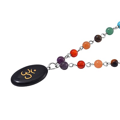 Black Obsidian and Multi Gemstone 100.00 ctw Seven Chakra Beaded OM Necklace in Silvertone 20 Inches