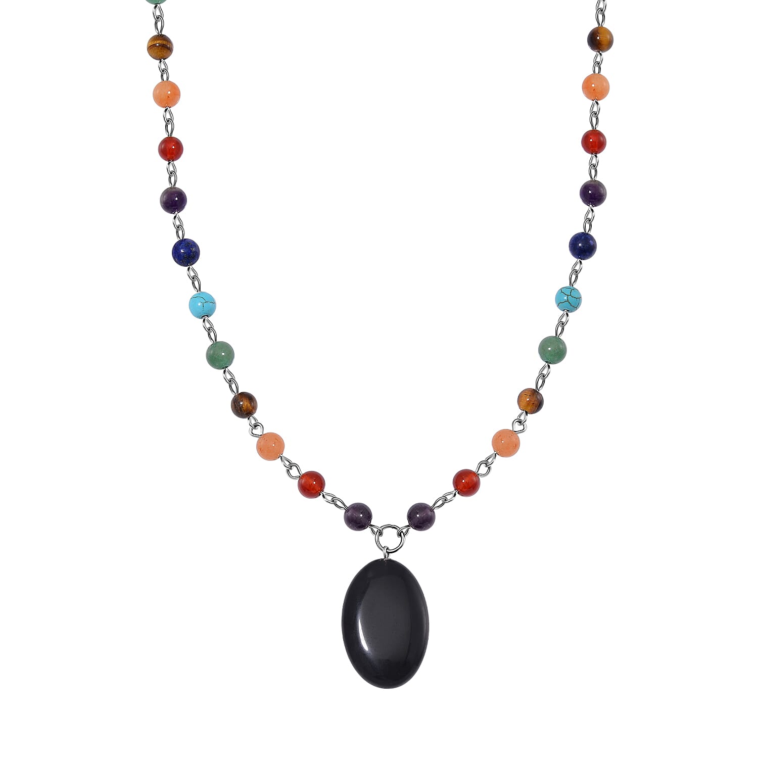 Black Obsidian and Multi Gemstone 100.00 ctw Seven Chakra Beaded OM Necklace in Silvertone 20 Inches