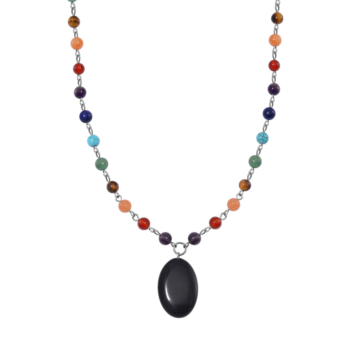 Black Obsidian and Multi Gemstone 100.00 ctw Seven Chakra Beaded OM Necklace in Silvertone 20 Inches image number 4