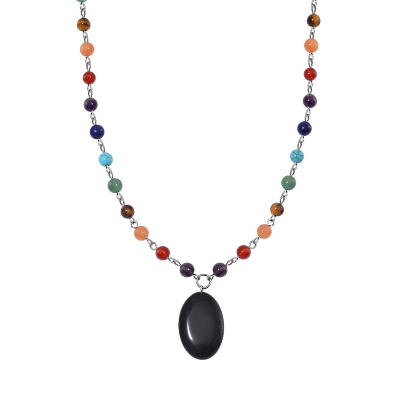Black Obsidian and Multi Gemstone 100.00 ctw Seven Chakra Beaded OM Necklace in Silvertone 20 Inches