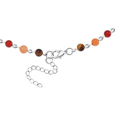 Black Obsidian and Multi Gemstone 100.00 ctw Seven Chakra Beaded OM Necklace in Silvertone 20 Inches