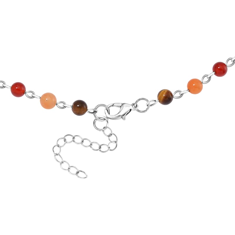 Black Obsidian and Multi Gemstone 100.00 ctw Seven Chakra Beaded OM Necklace in Silvertone 20 Inches