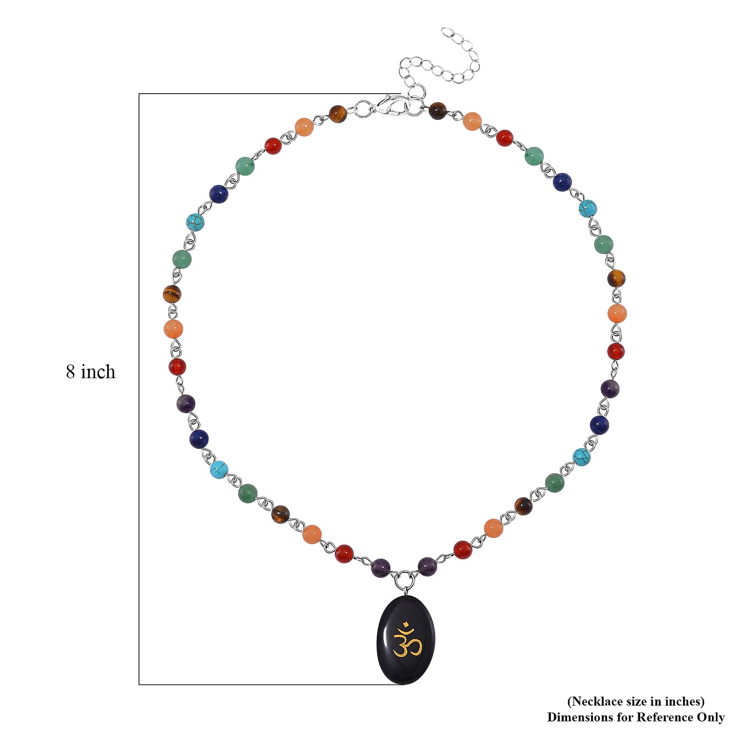 Black Obsidian and Multi Gemstone 100.00 ctw Seven Chakra Beaded OM Necklace in Silvertone 20 Inches