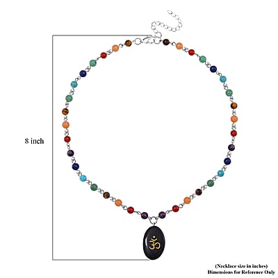 Black Obsidian and Multi Gemstone 100.00 ctw Seven Chakra Beaded OM Necklace in Silvertone 20 Inches