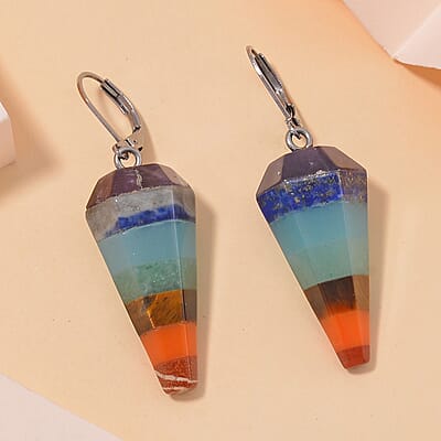 Multi Gemstone 60.00 ctw Seven Chakra Pendulum Earrings in Stainless Steel