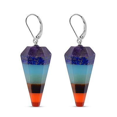 Multi Gemstone 60.00 ctw Seven Chakra Pendulum Earrings in Stainless Steel
