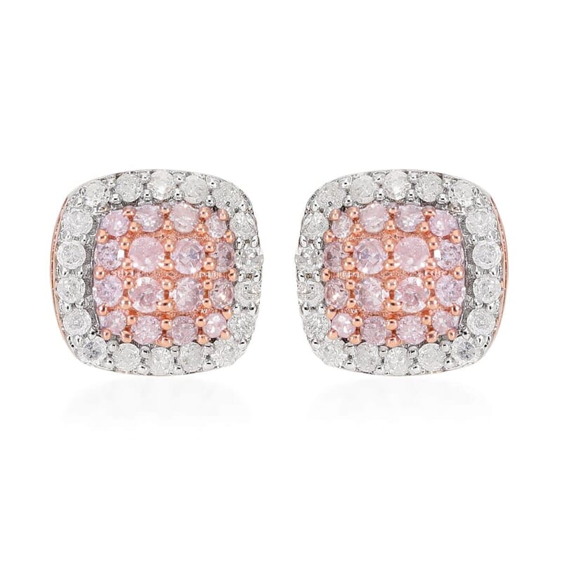 Natural Pink and White Diamond I3 0.50 ctw Stud Earrings in Vermeil Rose Gold Over Sterling Silver