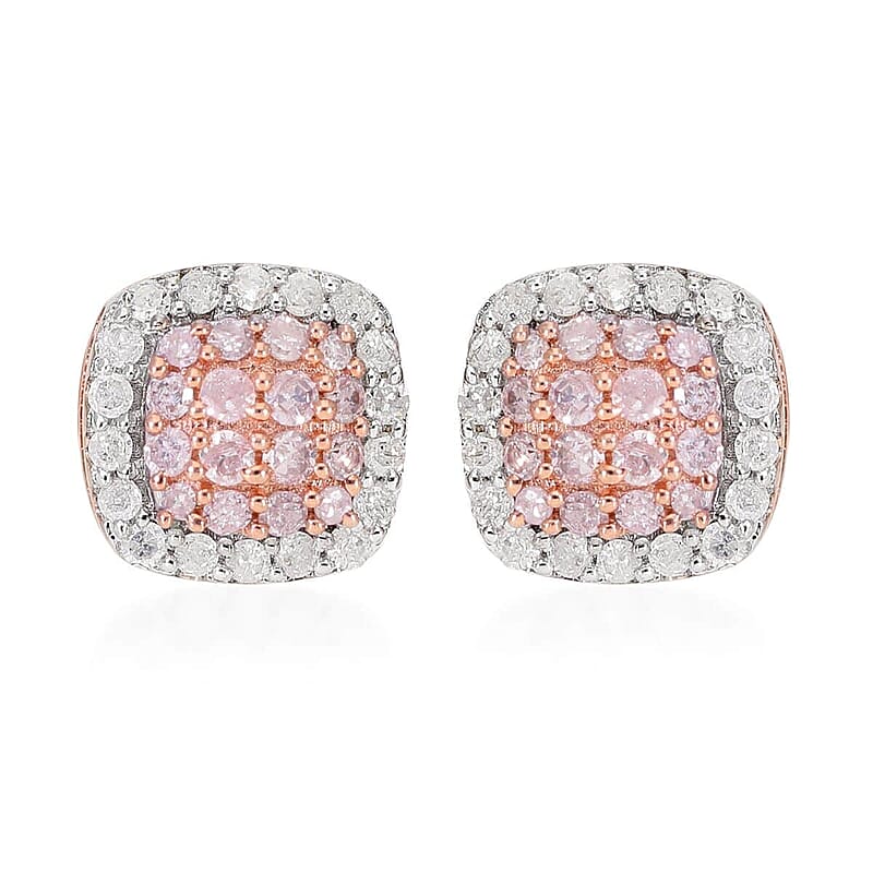 Natural Pink and White Diamond I3 0.50 ctw Stud Earrings in Vermeil Rose Gold Over Sterling Silver