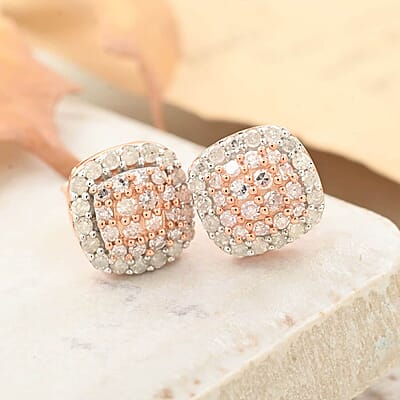 Natural Pink and White Diamond I3 0.50 ctw Stud Earrings in Vermeil Rose Gold Over Sterling Silver
