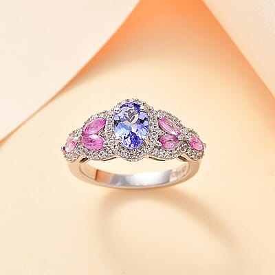 Tanzanite and Multi Gemstone 1.85 ctw Blooming Flower Ring in Rhodium Over Sterling Silver (Size 10.0)