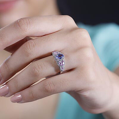 Tanzanite and Multi Gemstone 1.85 ctw Blooming Flower Ring in Rhodium Over Sterling Silver (Size 10.0)