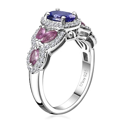 Tanzanite and Multi Gemstone 1.85 ctw Blooming Flower Ring in Rhodium Over Sterling Silver (Size 10.0)
