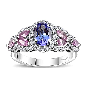 Tanzanite and Multi Gemstone 1.85 ctw Blooming Flower Ring in Rhodium Over Sterling Silver (Size 6.0)