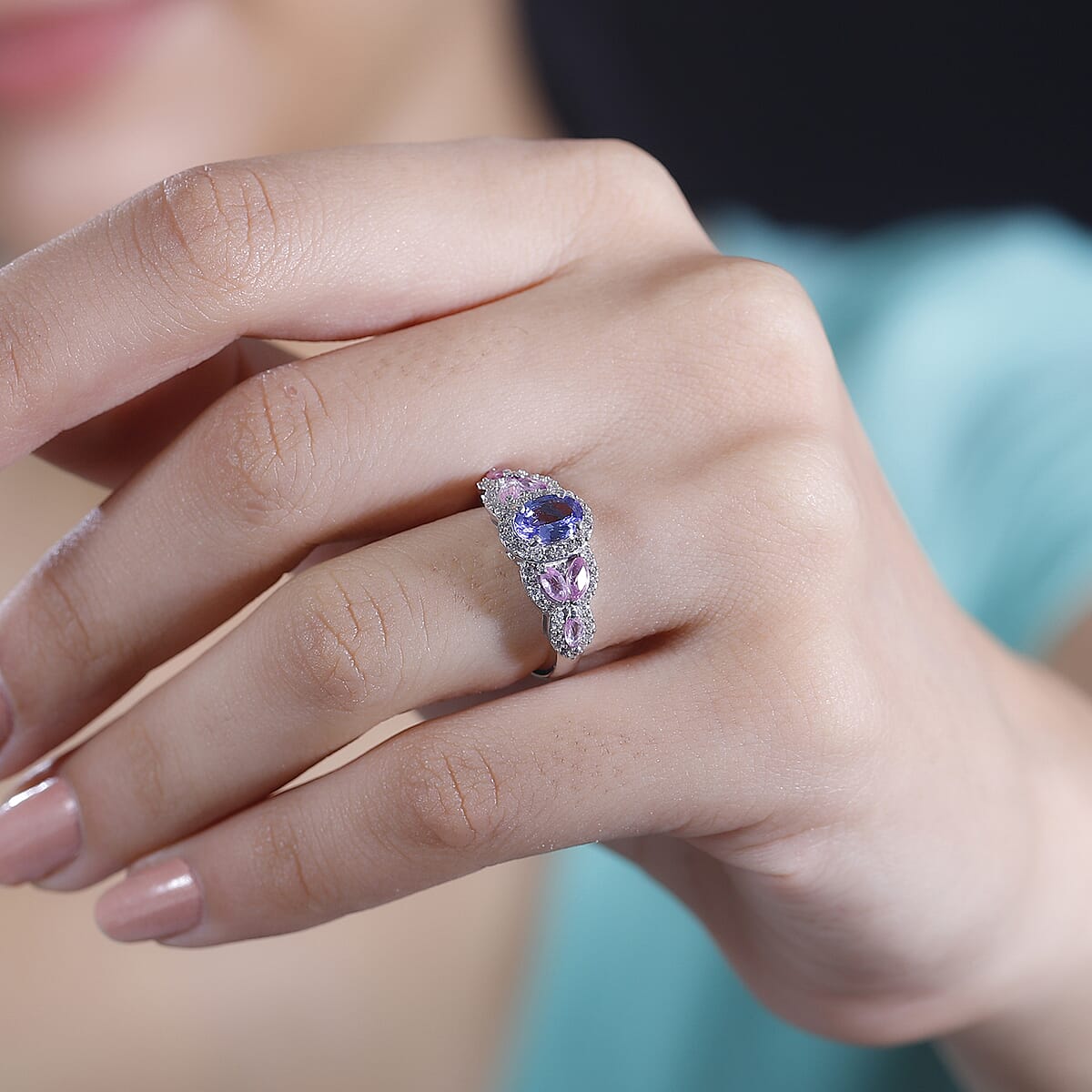 Tanzanite and Multi Gemstone 1.85 ctw Blooming Flower Ring in Rhodium Over Sterling Silver (Size 6.0) image number 2