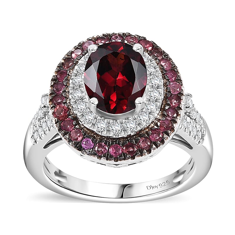 Orissa Rhodolite Garnet and Multi Gemstone 3.25 ctw Floral Double Halo Ring in Rhodium Over Sterling Silver (Size 10.0)