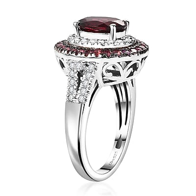 Orissa Rhodolite Garnet and Multi Gemstone 3.25 ctw Floral Double Halo Ring in Rhodium Over Sterling Silver (Size 10.0)