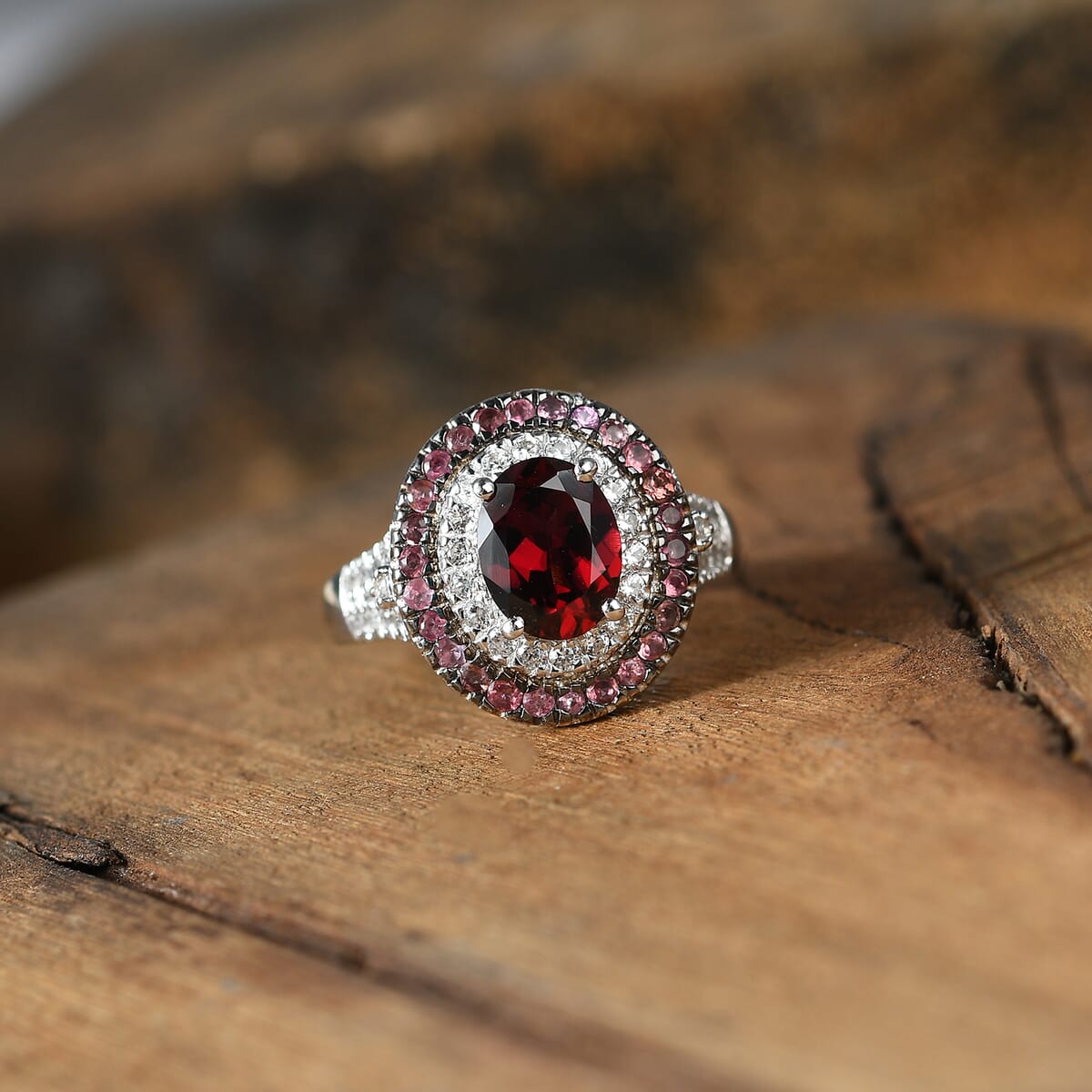 Orissa Rhodolite Garnet and Multi Gemstone 3.25 ctw Floral Double Halo Ring in Rhodium Over Sterling Silver (Size 8.0) image number 1
