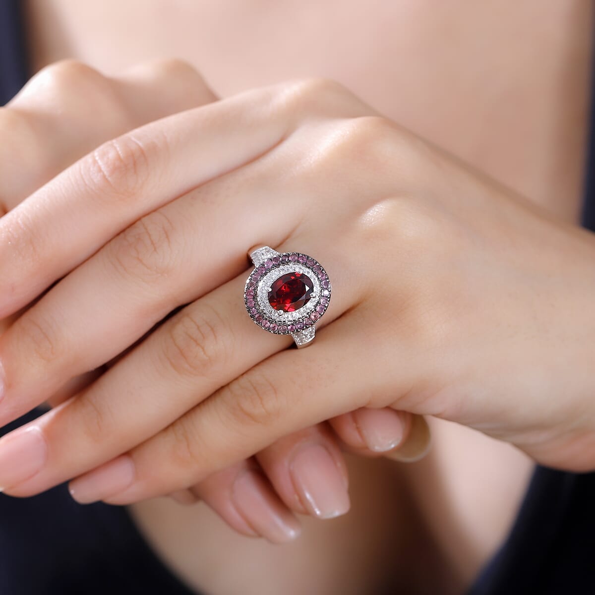Orissa Rhodolite Garnet and Multi Gemstone 3.25 ctw Floral Double Halo Ring in Rhodium Over Sterling Silver (Size 8.0) image number 2