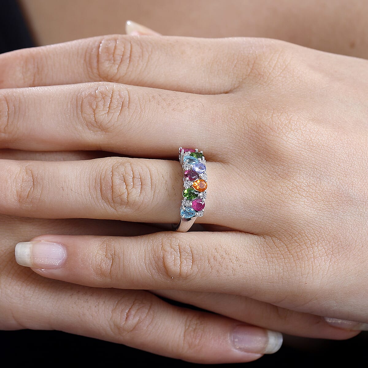 Multi Gemstone 1.75 ctw Ring in Rhodium Over Sterling Silver (Size 9.0) image number 2