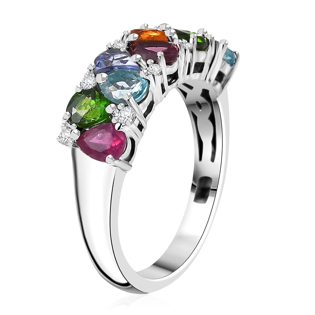 Multi Gemstone 1.75 ctw Ring in Rhodium Over Sterling Silver (Size 9.0) image number 3