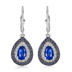 Kashmir Kyanite and Multi Gemstone 3.90 ctw Floral Double Halo Earrings in Rhodium Over Sterling Silver