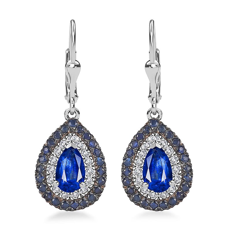 Kashmir Kyanite and Multi Gemstone 3.90 ctw Floral Double Halo Earrings in Rhodium Over Sterling Silver