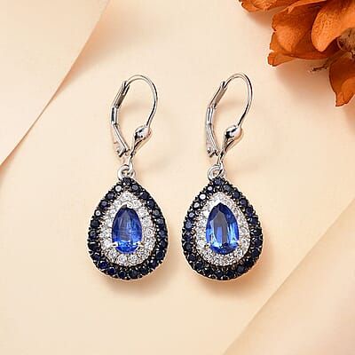 Kashmir Kyanite and Multi Gemstone 3.90 ctw Floral Double Halo Earrings in Rhodium Over Sterling Silver