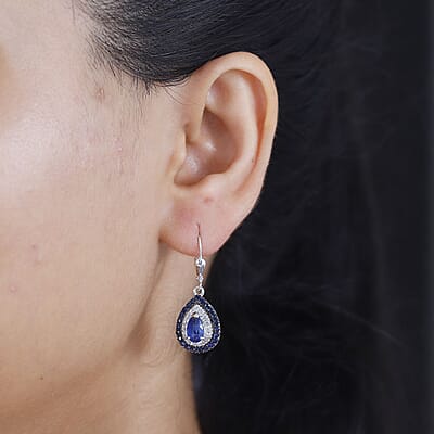 Kashmir Kyanite and Multi Gemstone 3.90 ctw Floral Double Halo Earrings in Rhodium Over Sterling Silver