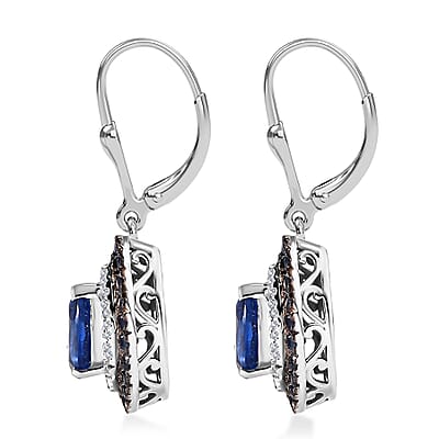 Kashmir Kyanite and Multi Gemstone 3.90 ctw Floral Double Halo Earrings in Rhodium Over Sterling Silver