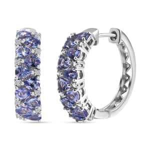 Tanzanite and White Zircon 3.25 ctw Hoop Earrings in Rhodium Over Sterling Silver