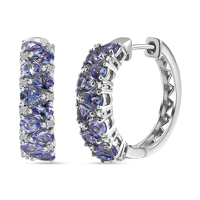D'Joy Tanzanite and White Zircon 3.25 ctw Hoop Earrings in Rhodium Over Sterling Silver